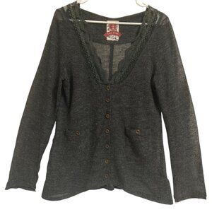 Women's THREE STONES Lace Trim Lightweight Mesh V-Neck Cardigan Sweater Medium